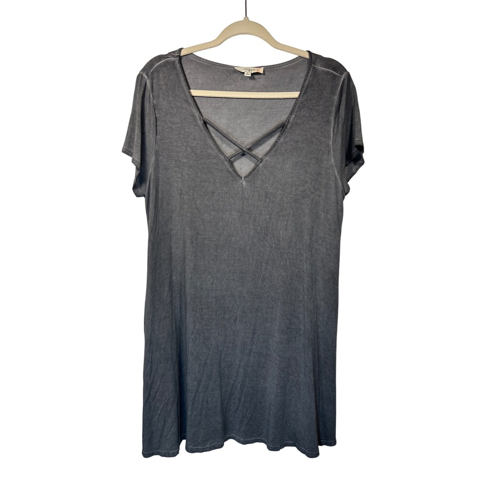 Umgee USA XL Gray Criss Cross‎ V Neck Short Sleeve T Shirt Dress Pockets